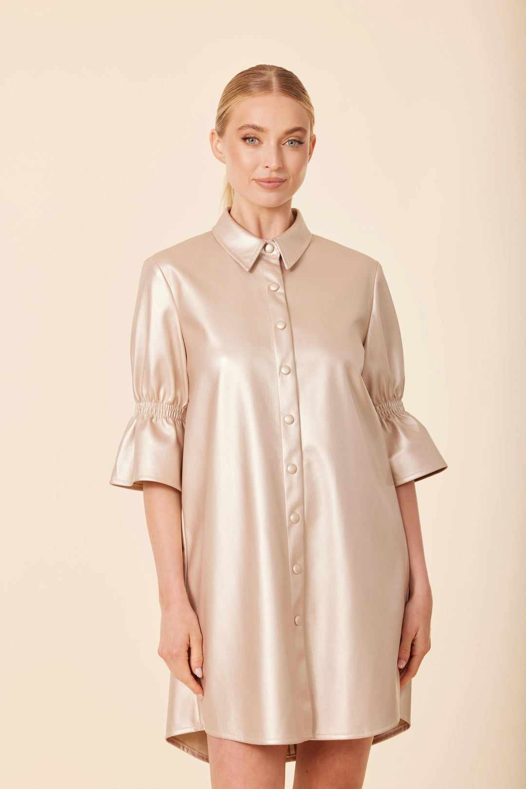 Pink Faux Leather Short Ruffle Dress | Dolce Cabo | Southern Style Pale Gold / M Pink Faux Leather Short Ruffle Dress | Dolce Cabo | Southern Style Pale Gold / M