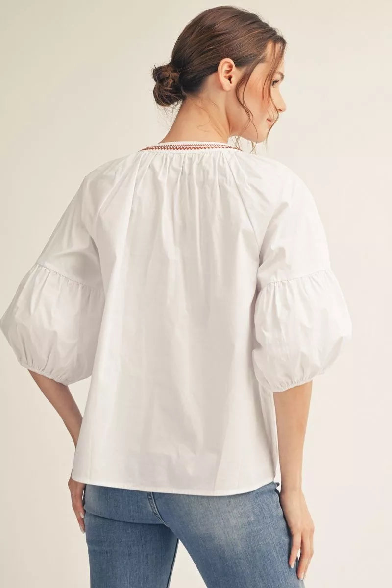 Cotton Embroidered Bishop Sleeve Blouse