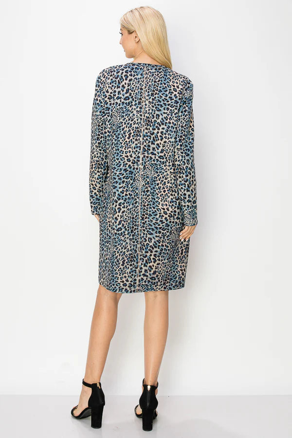 Blue Leopard Print Faux Suede Dress long sleeve knee length