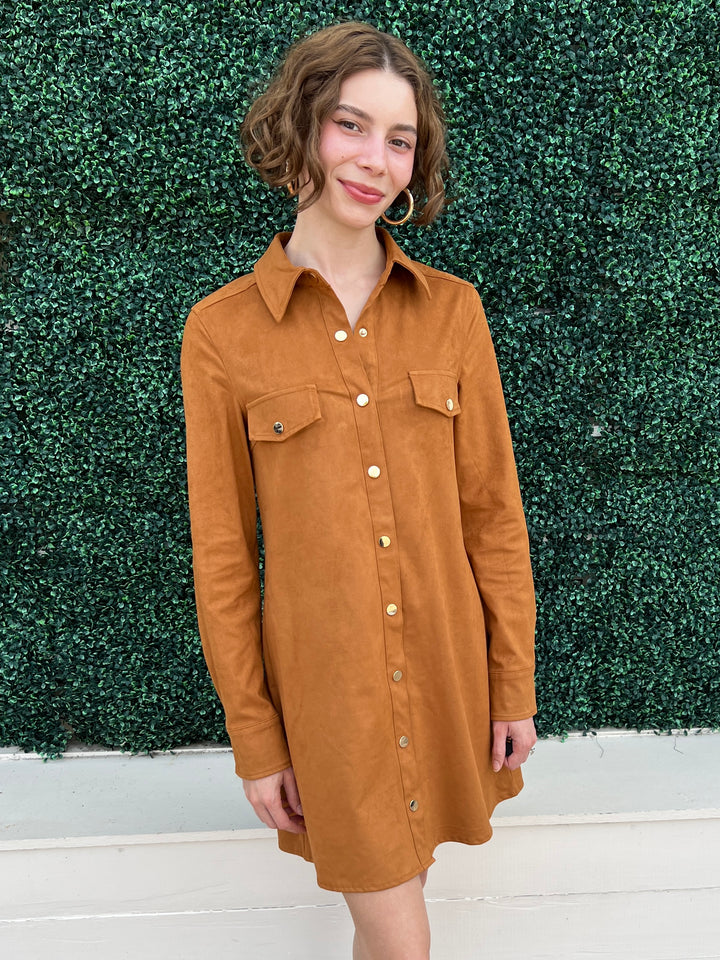 Camel Suede Gold Snap Shirt Dress Dolce Cabo Fall Southern Style