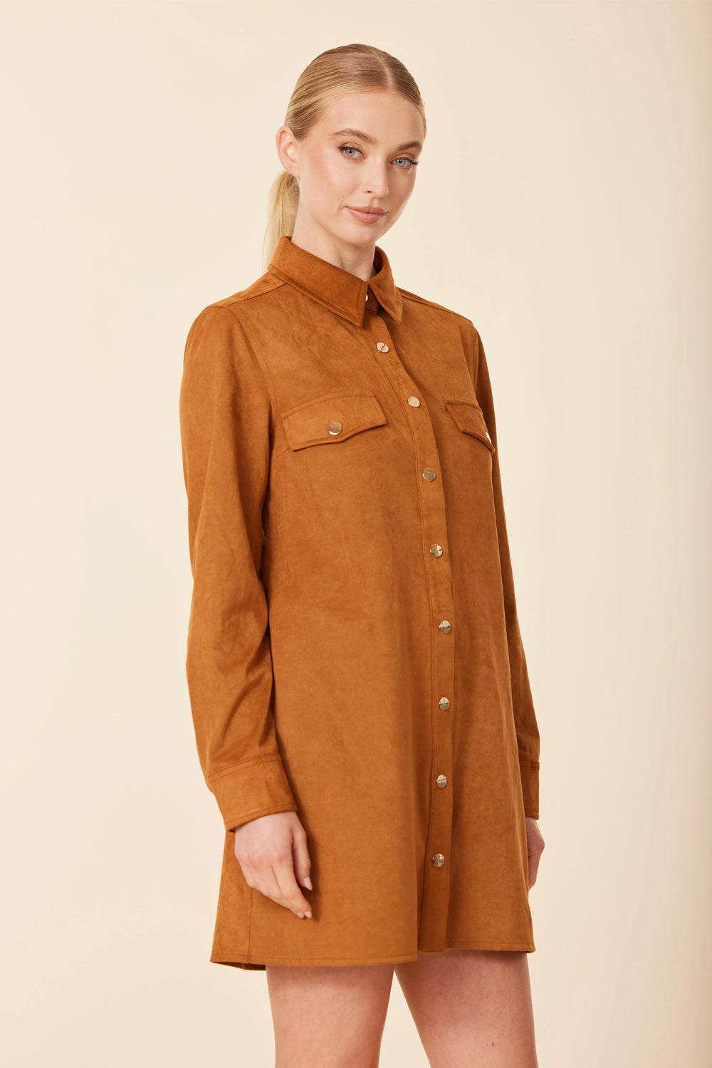 Camel Suede Gold Snap Shirt Dress Dolce Cabo Fall Southern Style