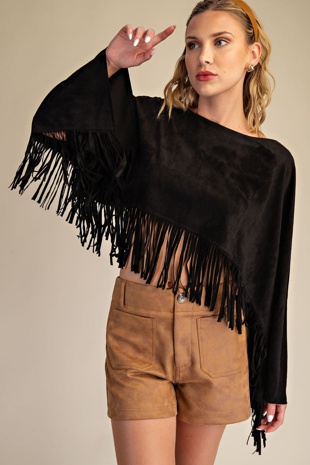 Capelet black faux suede cropped fringe western boutique