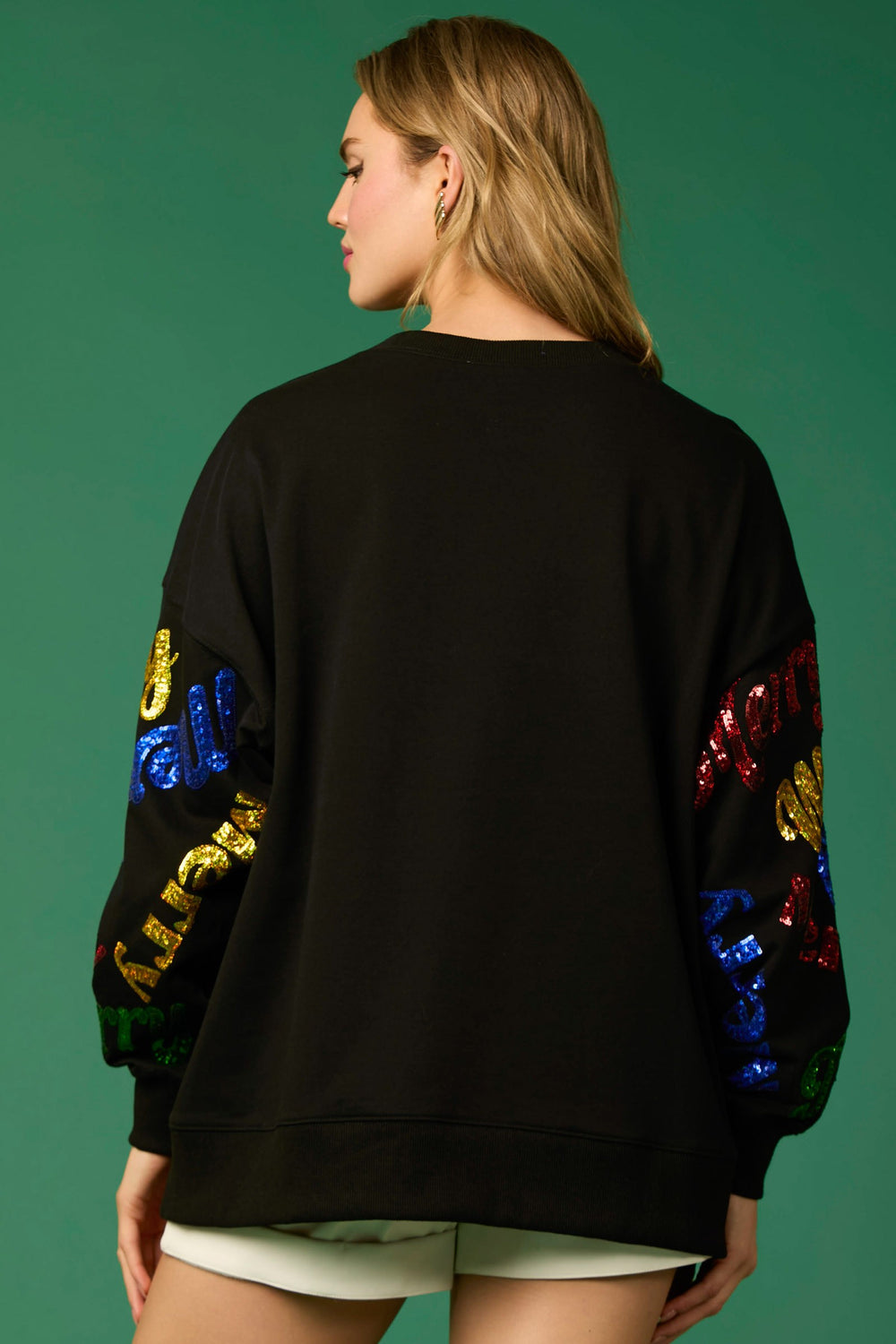 Colorful "Merry" Sequin Sweatshirt Christmas Ugly Sweater Gift Ideas queen of sparkles