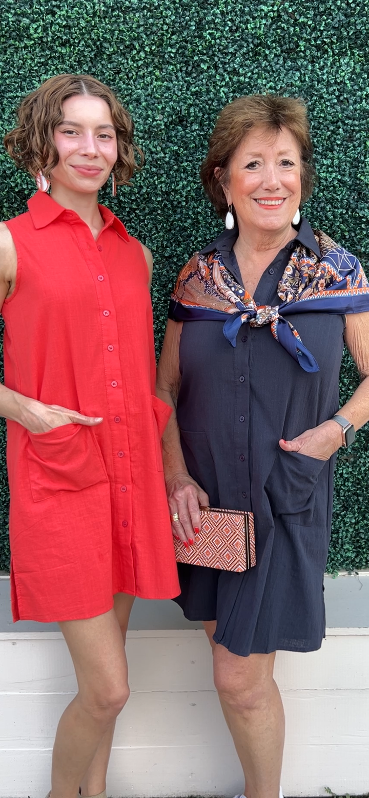 Cotton Shirt Dress Navy or Coral Front Pockets Women&