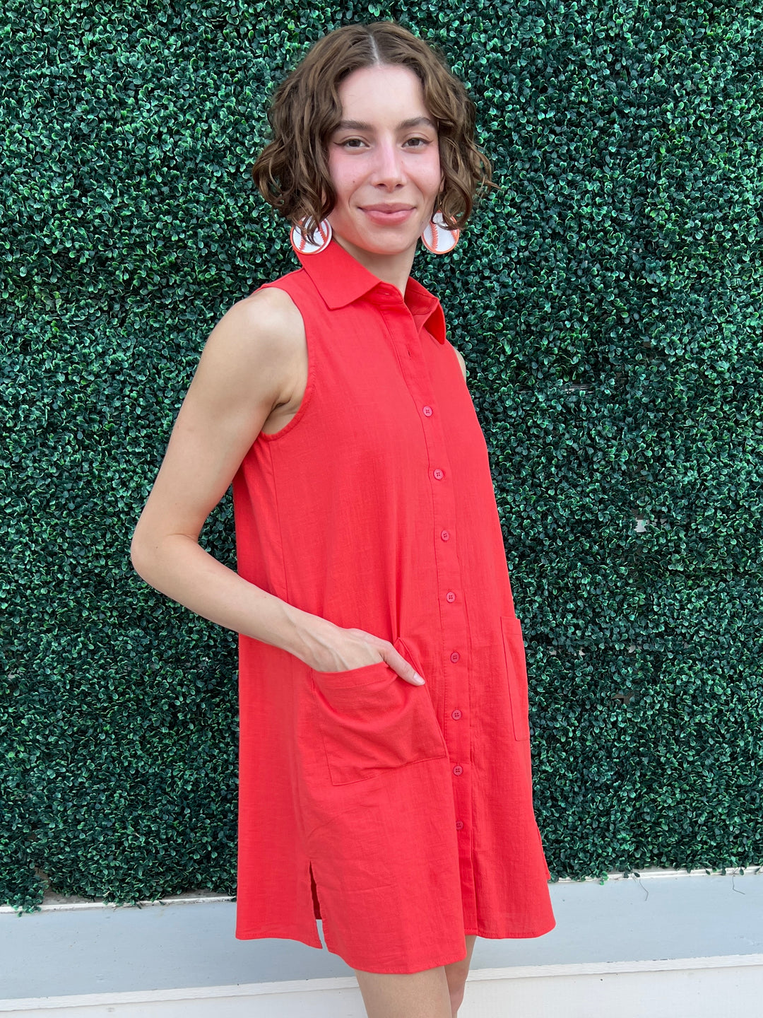 Cotton Shirt Dress coral Front Pockets Women&