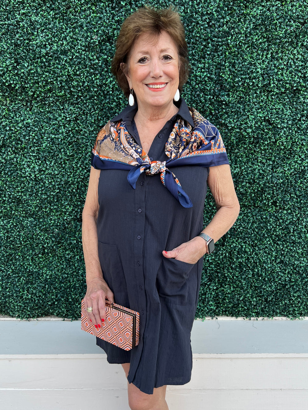 Cotton Shirt Dress navy Front Pockets Women's Boutique