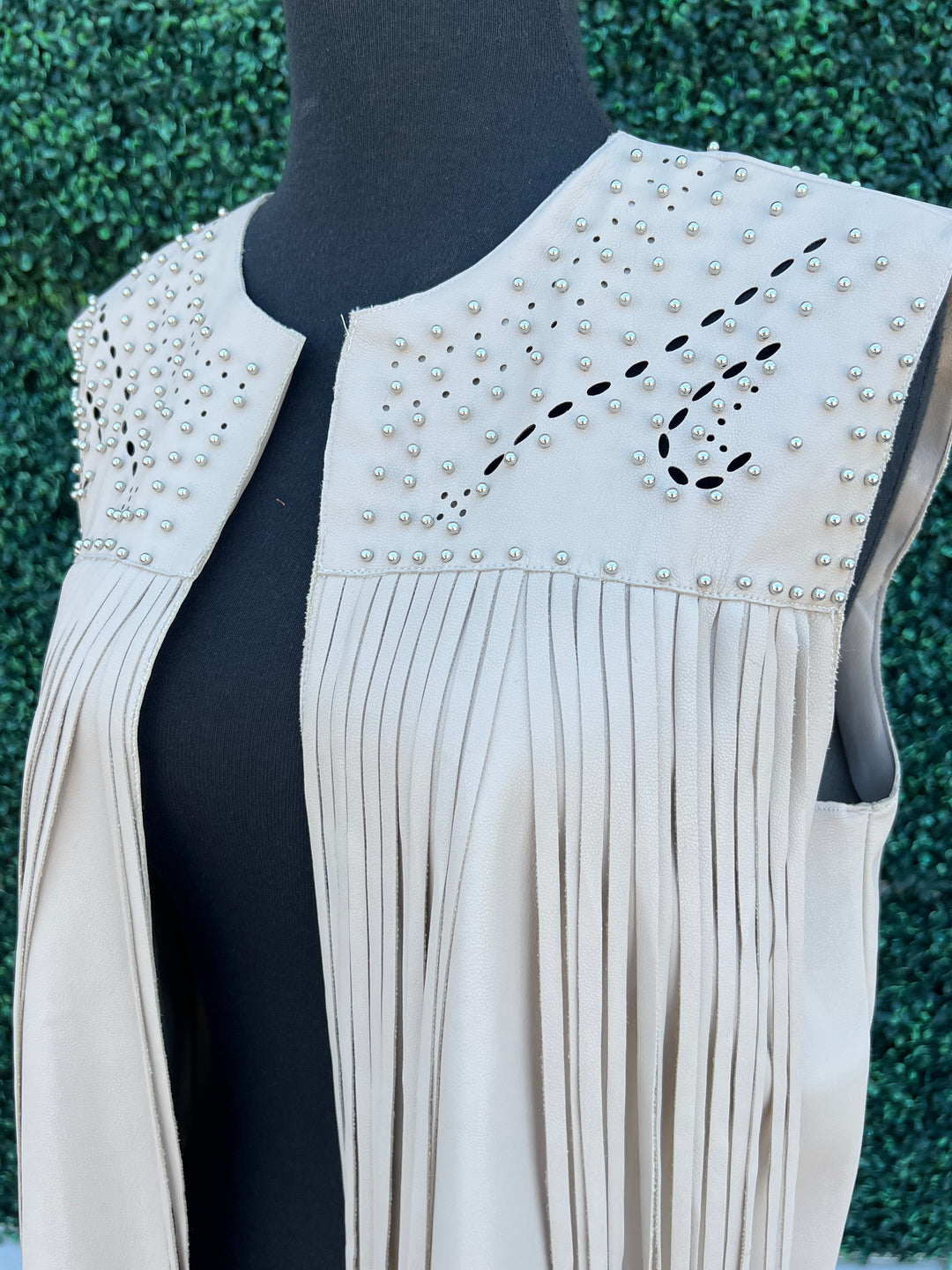 Cream Pleather Studded Fringe Vest HLRS Women's Southern Style boutique