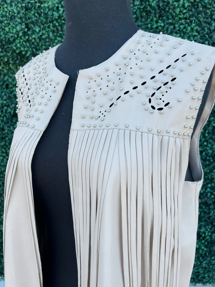 Cream Pleather Studded Fringe Vest HLRS Women's Southern Style boutique