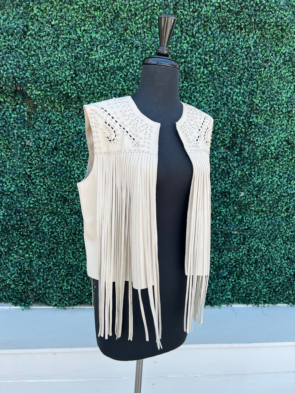 Cream Pleather Studded Fringe Vest HLRS Women's Southern Style boutique houston