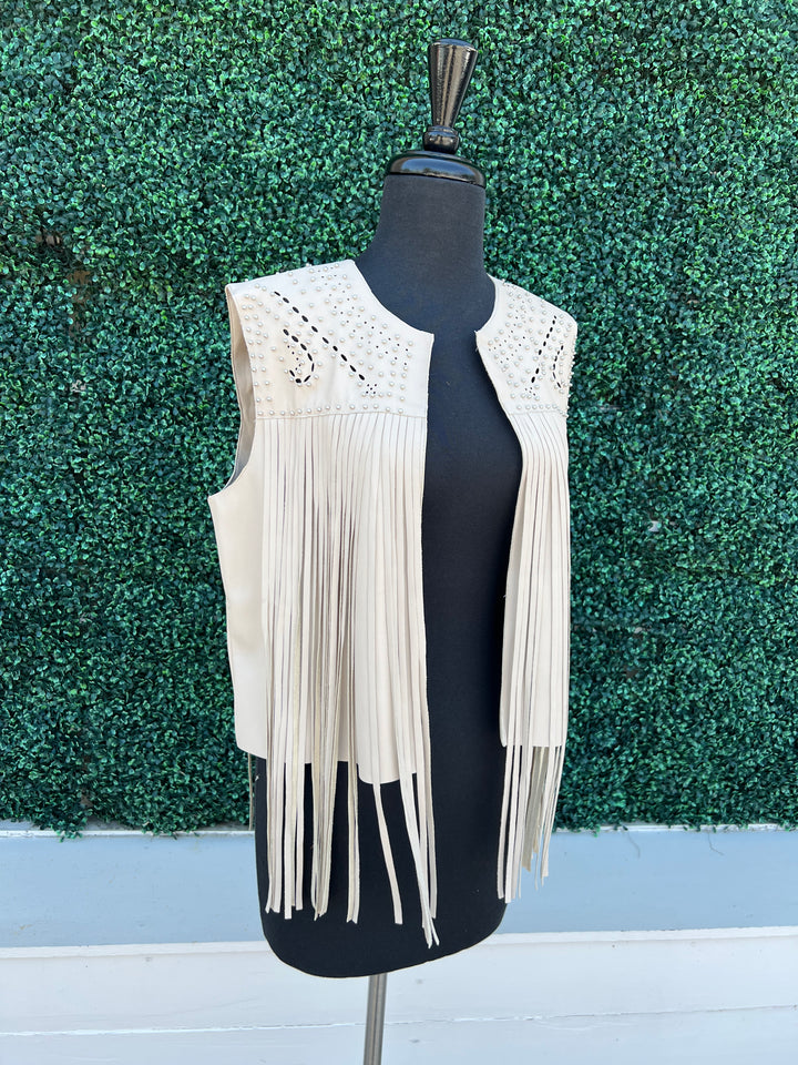 Cream Pleather Studded Fringe Vest HLRS Women's Southern Style boutique houston