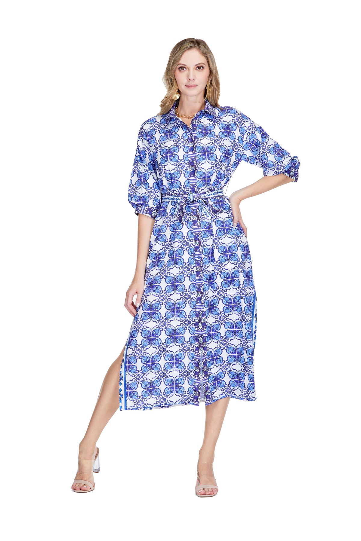 Damask Tile Print Maxi Shirt Dress