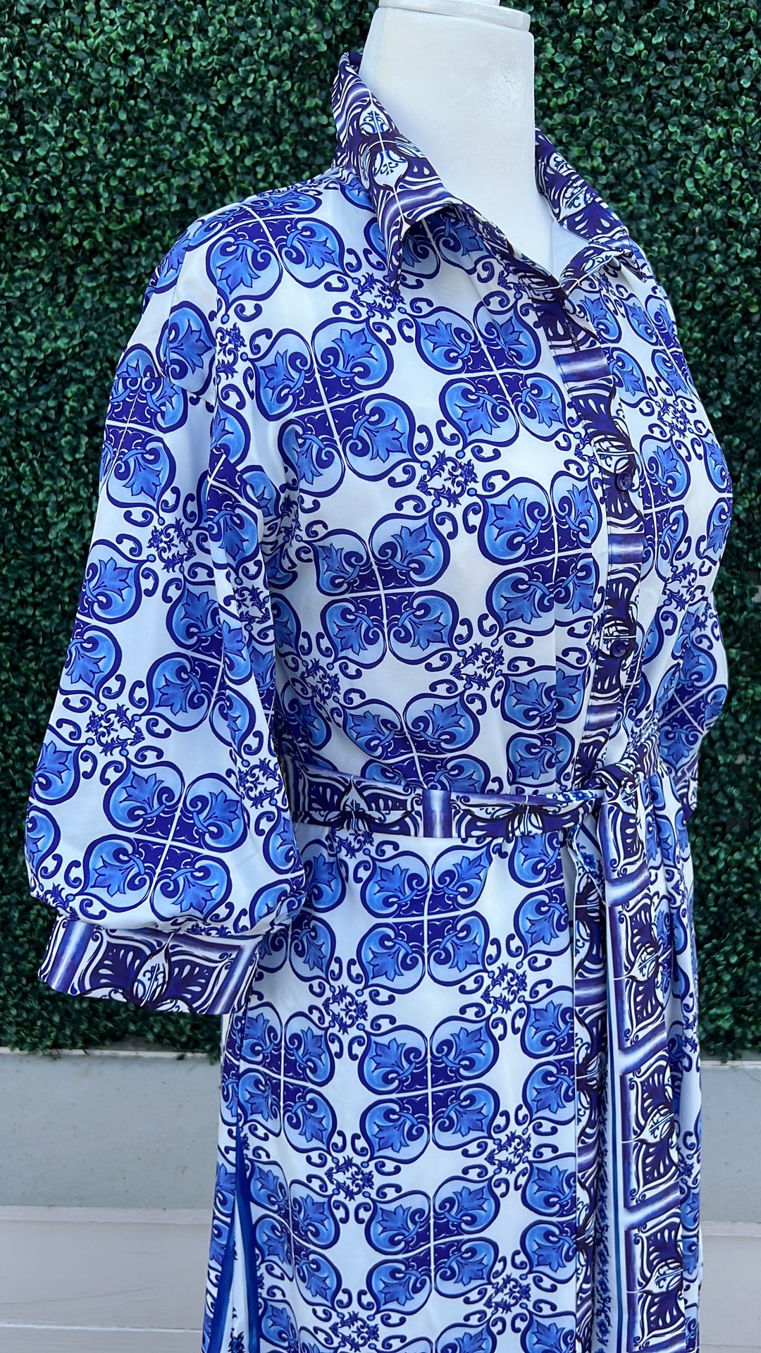 Damask Tile Print Maxi Shirt Dress