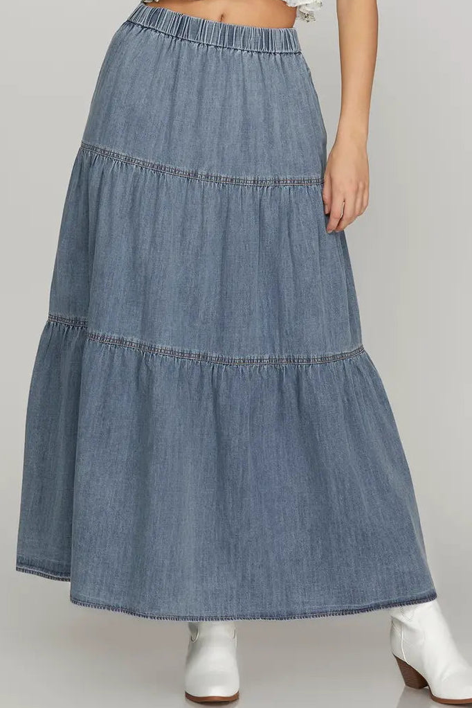 Denim Tier Maxi Skirt Rodeo Houston Women&
