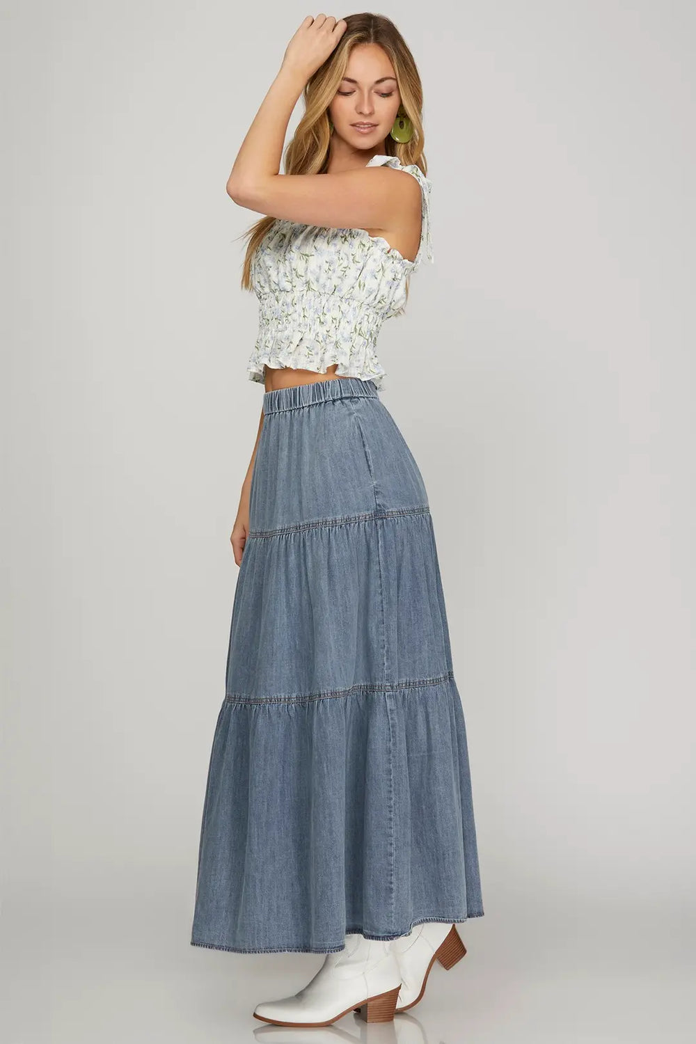 Denim Tier Maxi Skirt Rodeo Houston Women's Boutique HLSR