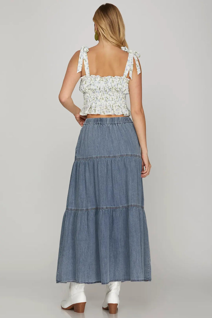 Denim Tier Maxi Skirt Rodeo Houston Women&