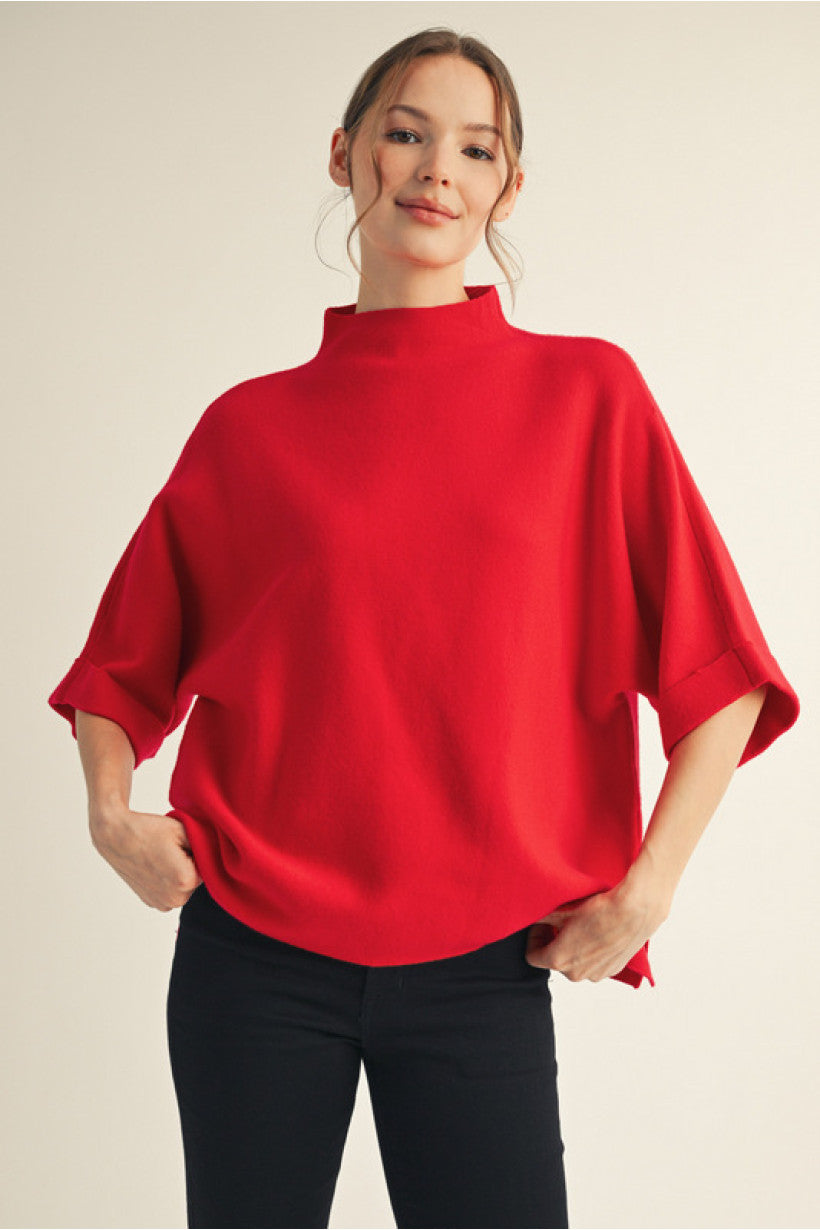 Elbow Sleeve Boxy Sweater cuffed red mock neck