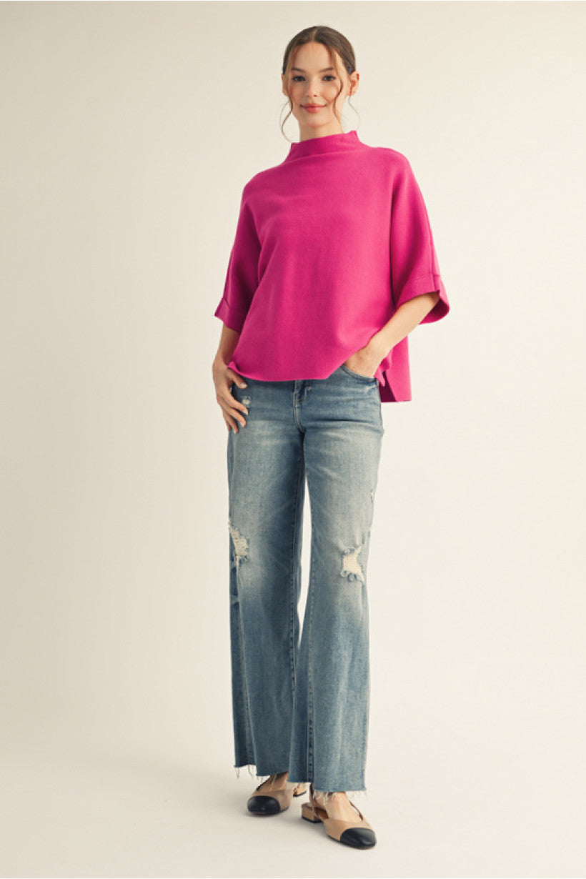 Elbow cuffed Sleeve Boxy Sweater hot pink 