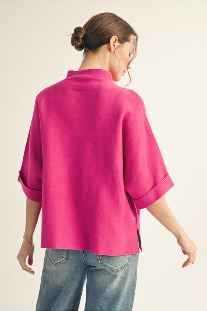 Elbow cuffed Sleeve Boxy Sweater hot pink back
