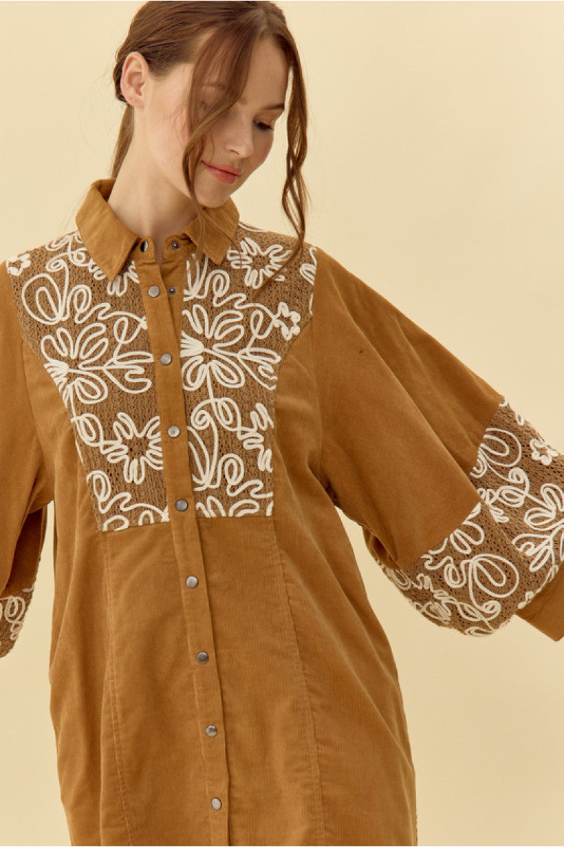 embroidered corduroy dress Gold Flame Flower Embroidered Corduroy Overall Mini Dress
