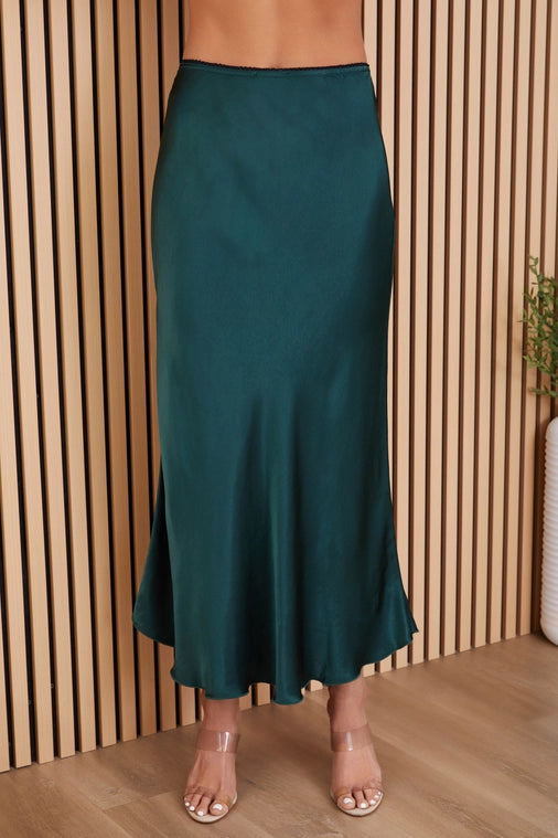 Emerald Bias Cut Skirt High End Women's Online Boutique Tres Chic satin with sweater holiday outfit