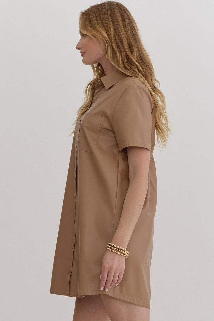 button t shirt dress Taupe Pleather Shirt Dress | Women's Dresses Boutique