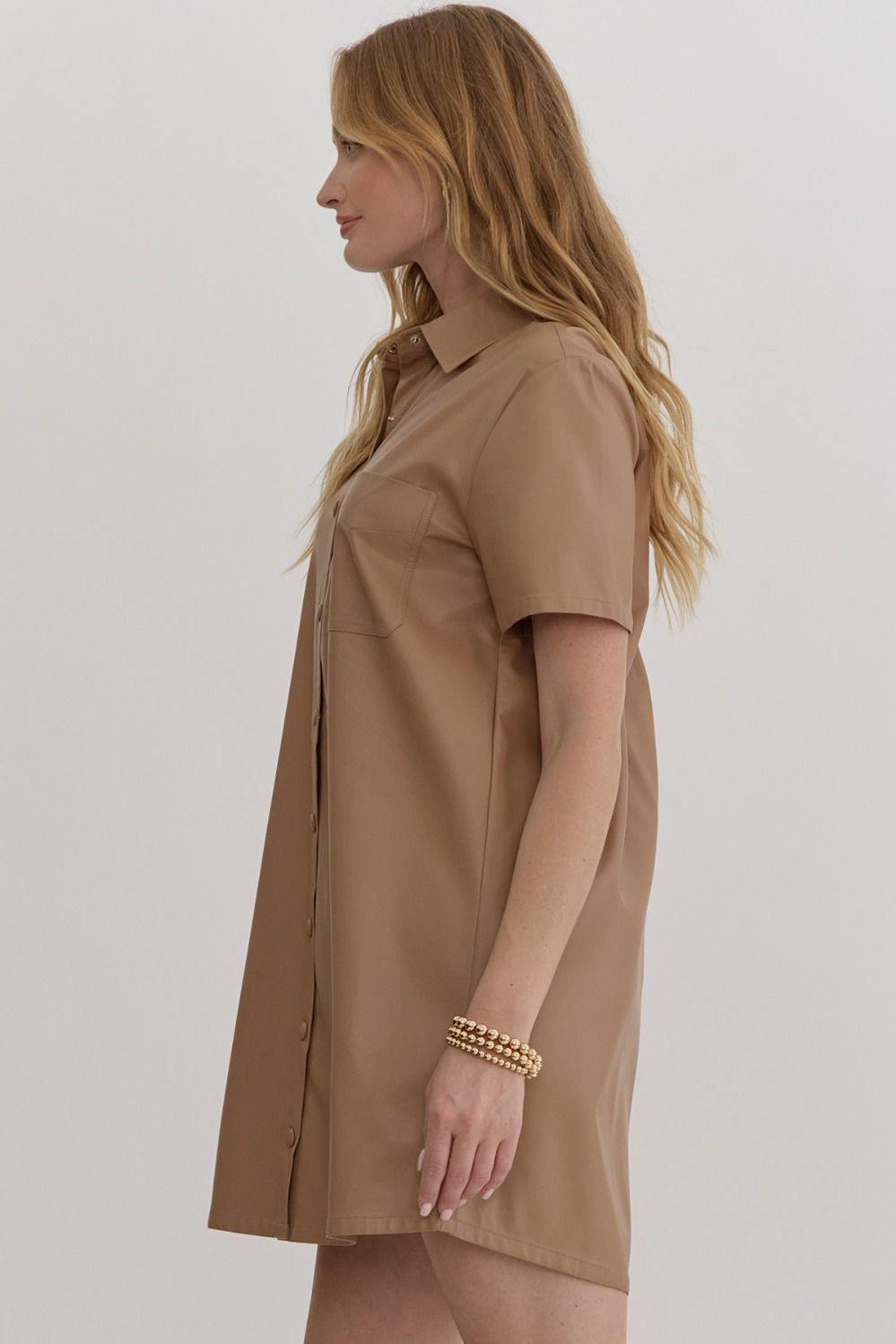 Taupe Pleather Shirt Dress | Women's Dresses Boutique | Entro Brand Trs Chic Boutique Taupe Pleather Shirt Dress | Women's Dresses Boutique | Entro Brand Trs Chic Boutique