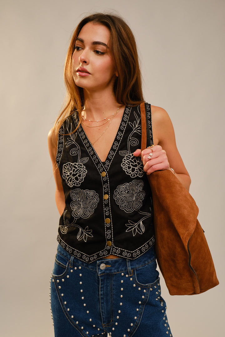 Faux Suede Embroidered Vest Southern Style Boutique HLSR Style outfit