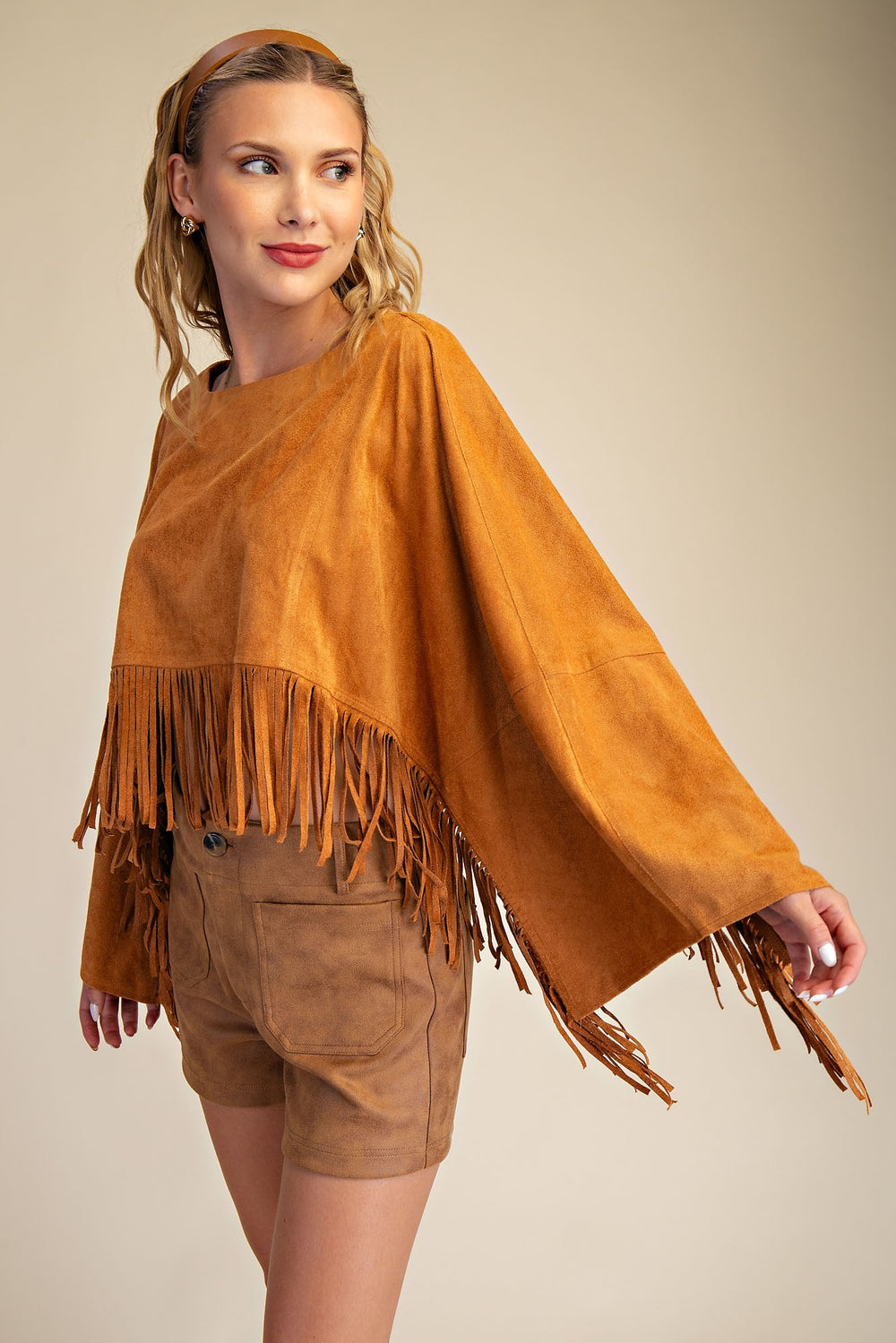 Faux Suede Fringed Capelet camel