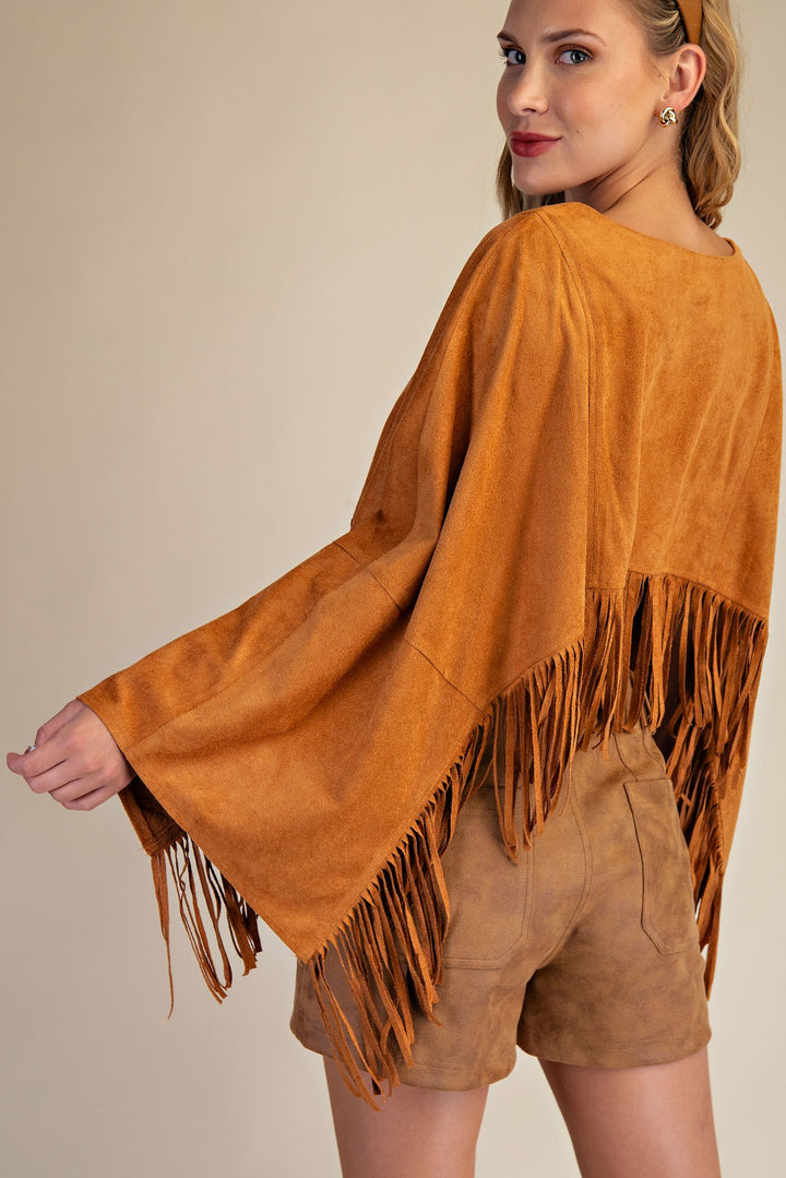 Faux Suede Fringed Capelet camel western style poncho