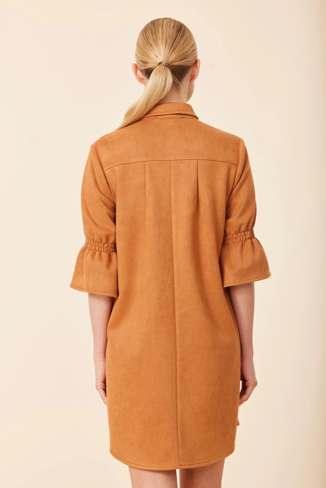 Faux Suede Short Ruffle Sleeve Dress Best Online Women's Boutique Dolce Cabo camel