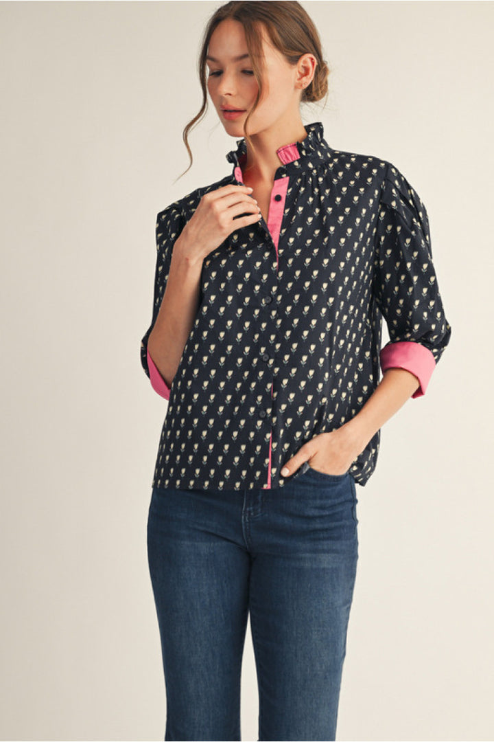 Floral Pink Contrast Blouse Jodifl Fall Florals Boutique ruffle neck