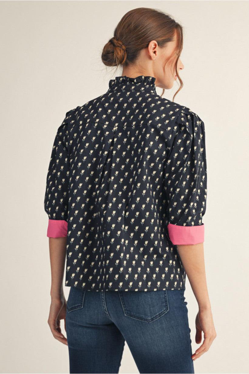 Floral Pink Contrast Blouse Jodifl Fall Florals Boutique ruffle neck back