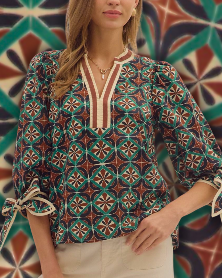 Geometric Print Bow Blouse  Entro Brand Southern Style