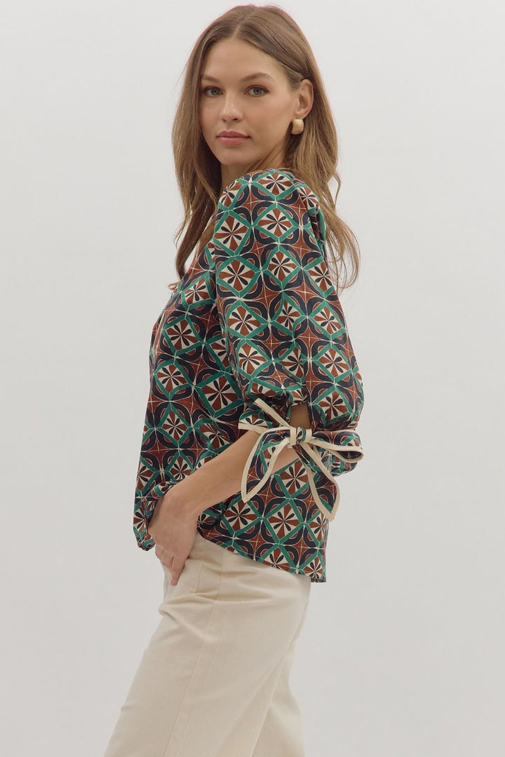 Geometric Print Bow Blouse  Entro Brand Southern Style cream brown blue