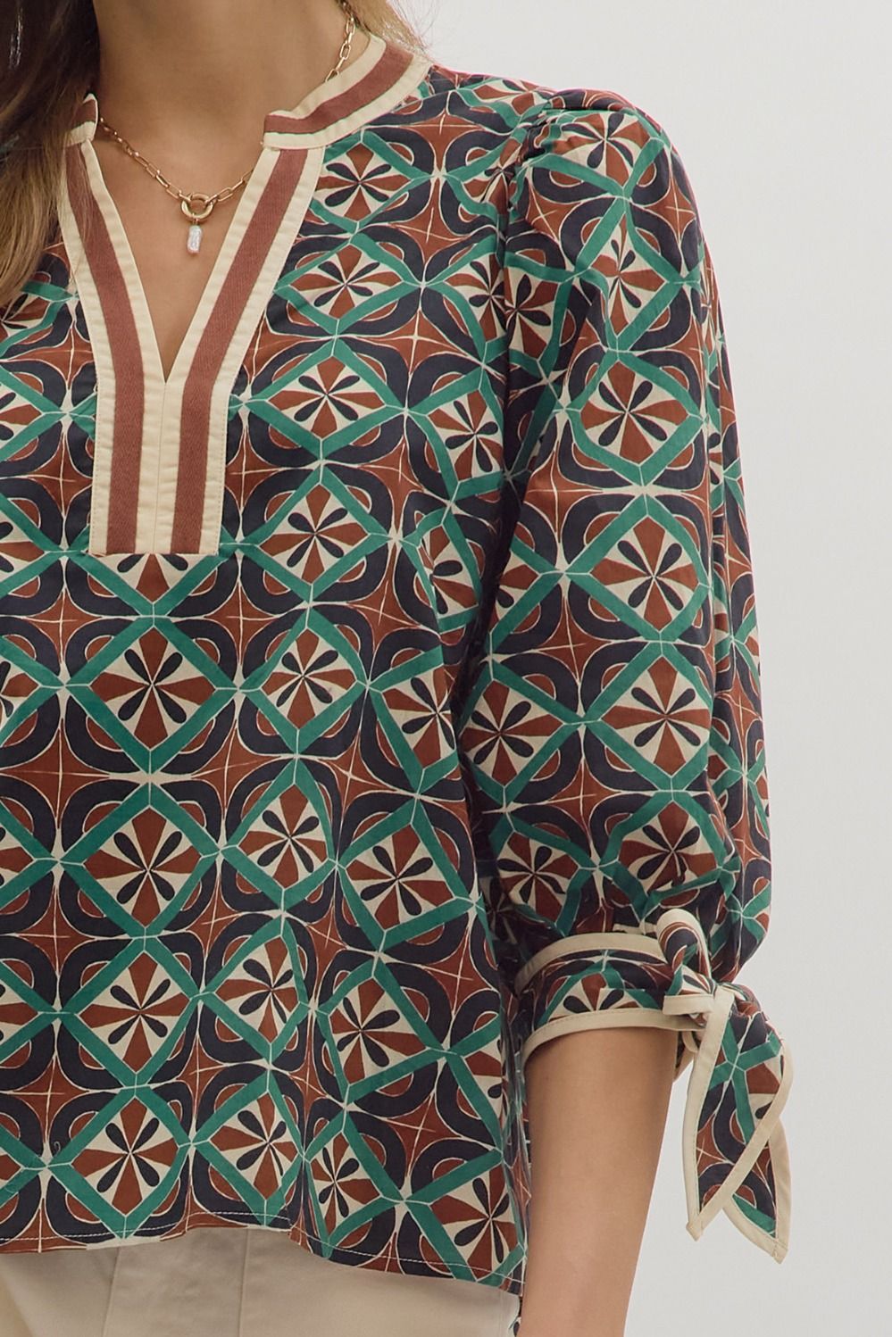Geometric Print Bow Blouse  Entro Brand Southern Style v neck