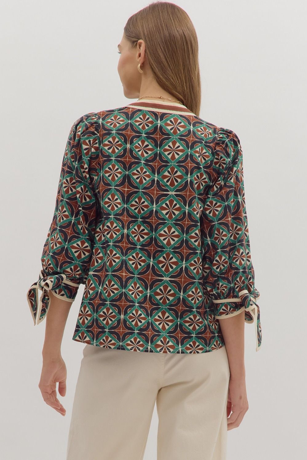 Geometric Print Bow Blouse  Entro Brand Southern Style v neck cream brown blue