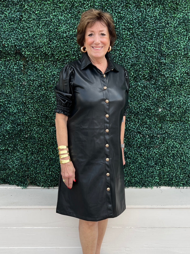 Gold-Button Faux-Leather Dress Dolce Cabo Fab Over 50 knee length