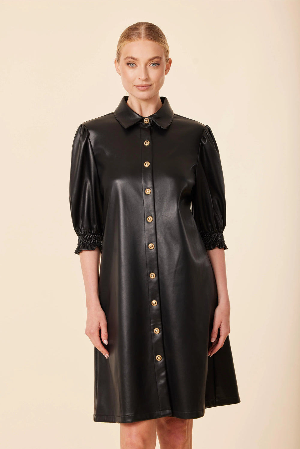 Gold-Button Faux-Leather Dress | Dolce Cabo | Fab Over 50 Black / XS Gold-Button Faux-Leather Dress | Dolce Cabo | Fab Over 50 Black / XS
