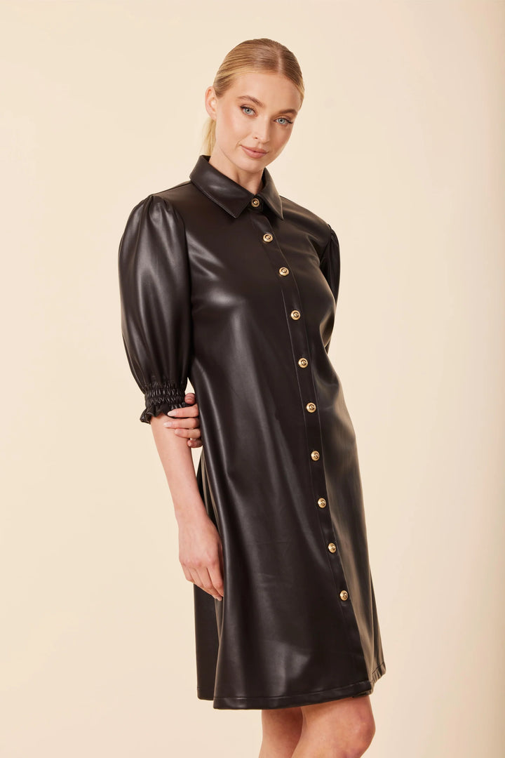 Gold-Button Faux-Leather Dress southern style 