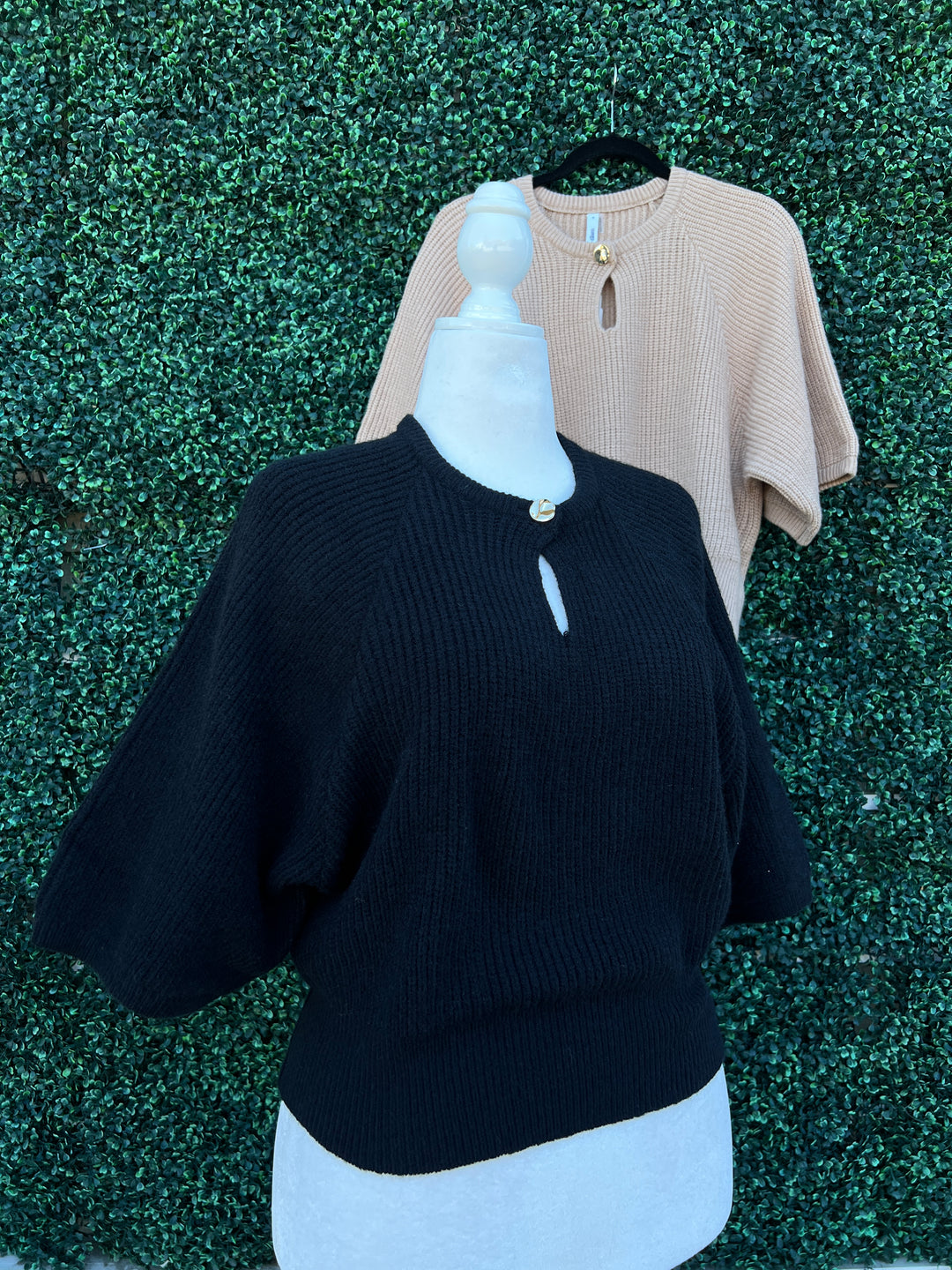 Gold button Keyhole Short Sleeve Sweater Glam Brand Women's Boutique