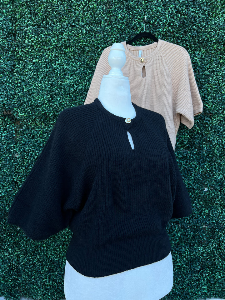 Gold button Keyhole Short Sleeve Sweater Glam Brand Women's Boutique