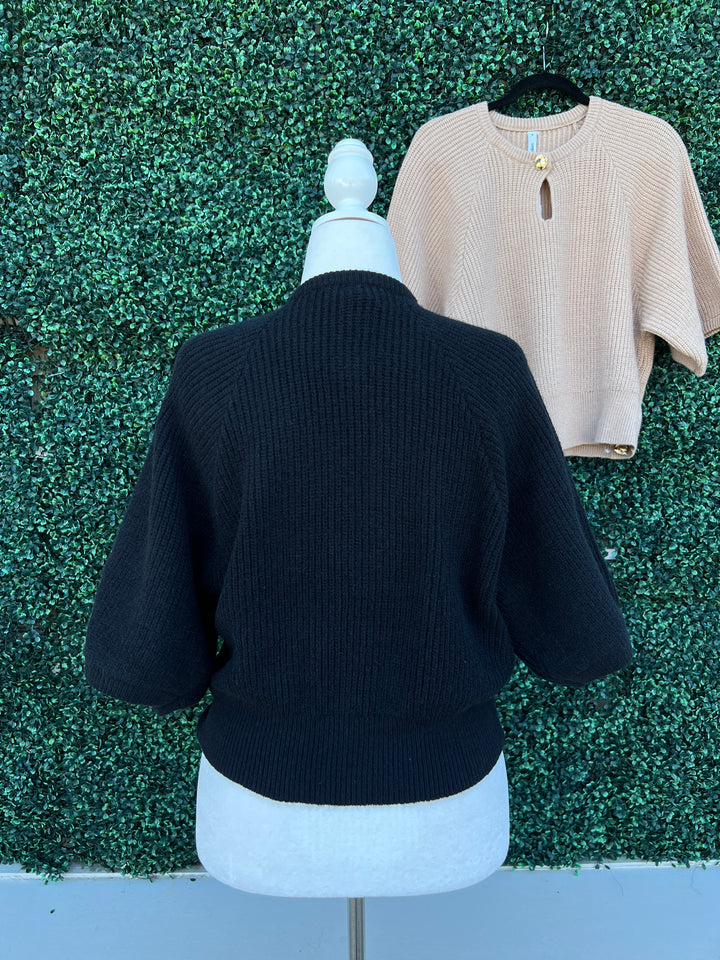 Gold button Keyhole Short Sleeve Sweater Glam Brand Women's Boutique modern fit back