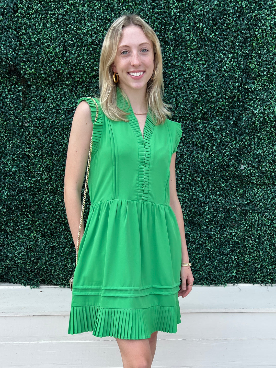 Green Pleated Hem Dress | Quality Women's Boutique Clothing | Houston Green / S Green Pleated Hem Dress | Quality Women's Boutique Clothing | Houston Green / S