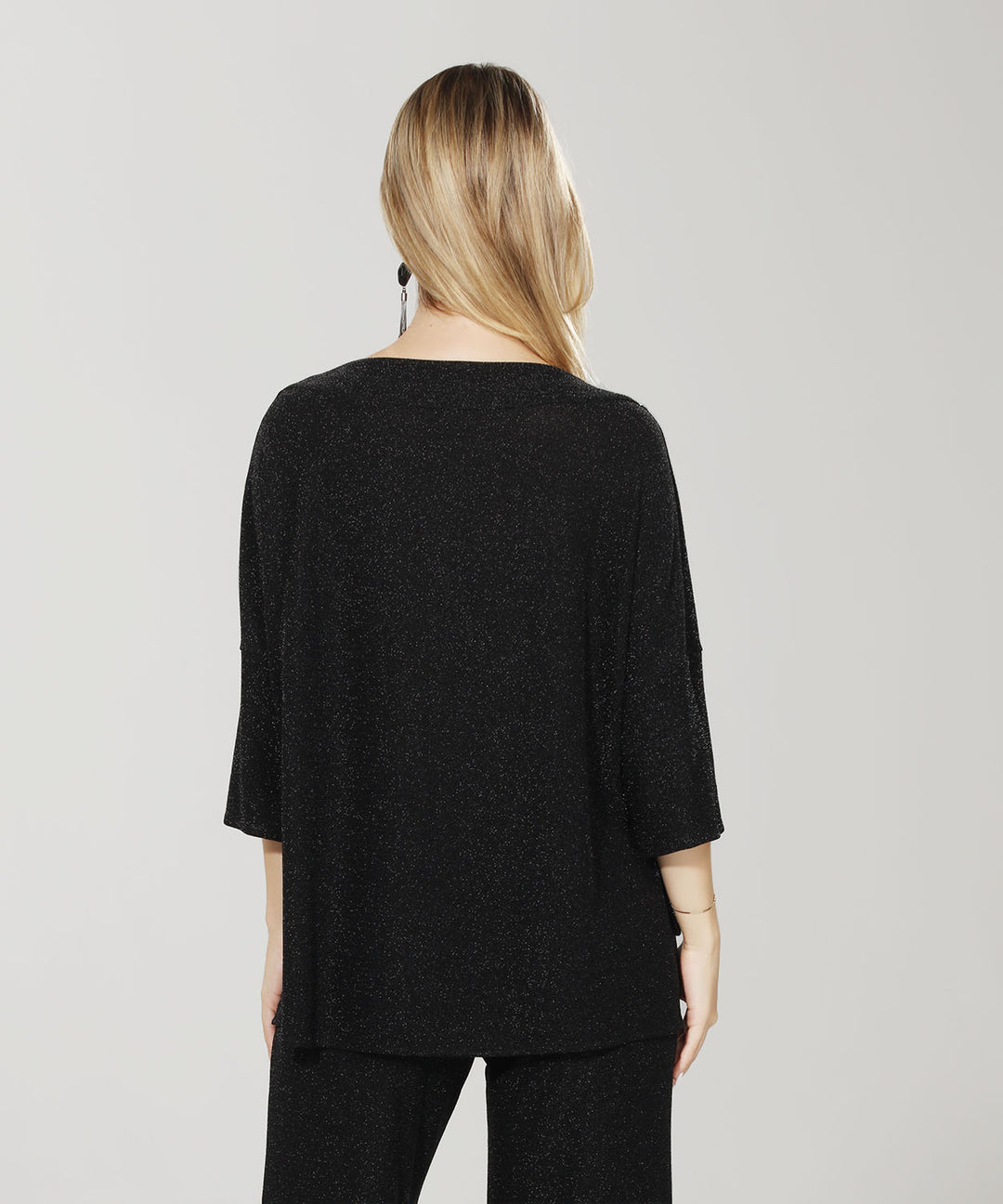 High-Low 3/4 Sleeve Boat Neck Glitter Top black