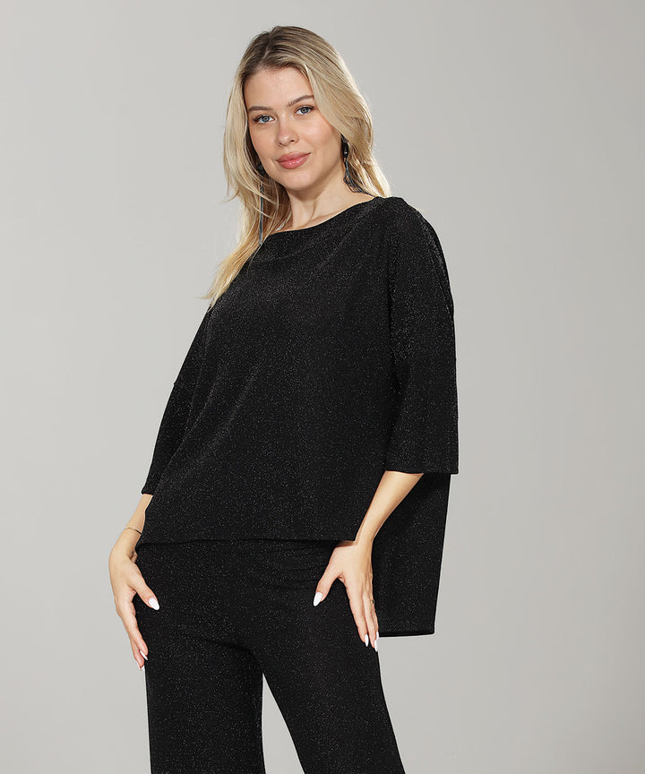 High-Low 3/4 Sleeve Boat Neck Glitter Top black sparkle