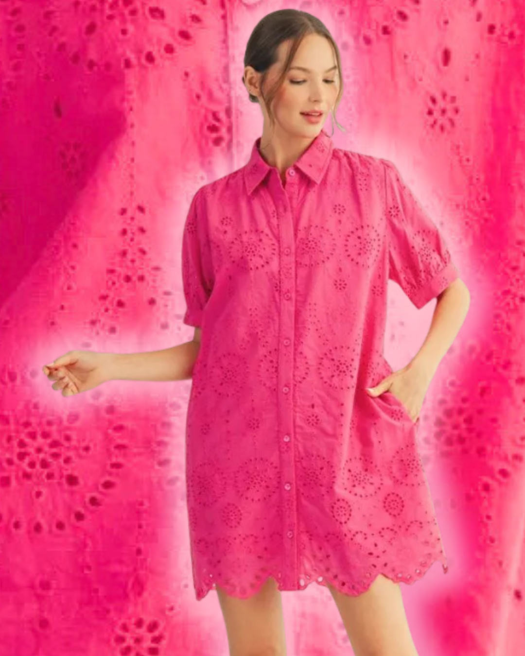 Hot Pink Eyelet Shirt Dress | Jodifl | Cotton Dress with Pockets Hot Pink / S Hot Pink Eyelet Shirt Dress | Jodifl | Cotton Dress with Pockets Hot Pink / S