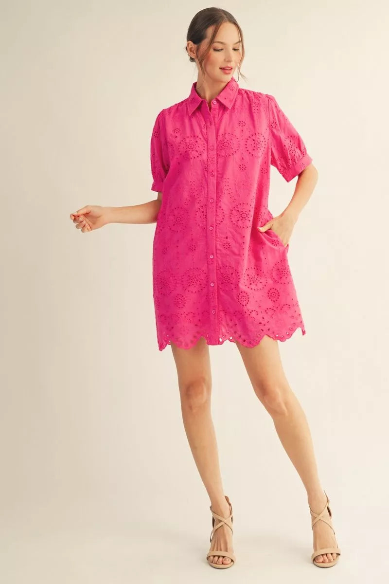 green emerald velvet dress Hot Pink Eyelet Shirt Dress | Jodifl