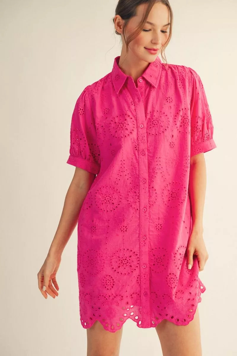 Hot Pink Eyelet Shirt Dress | Jodifl