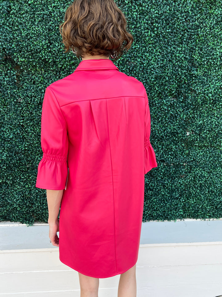 Hot Pink Faux Leather Short Ruffle Sleeve Dress Dolce Cabo 