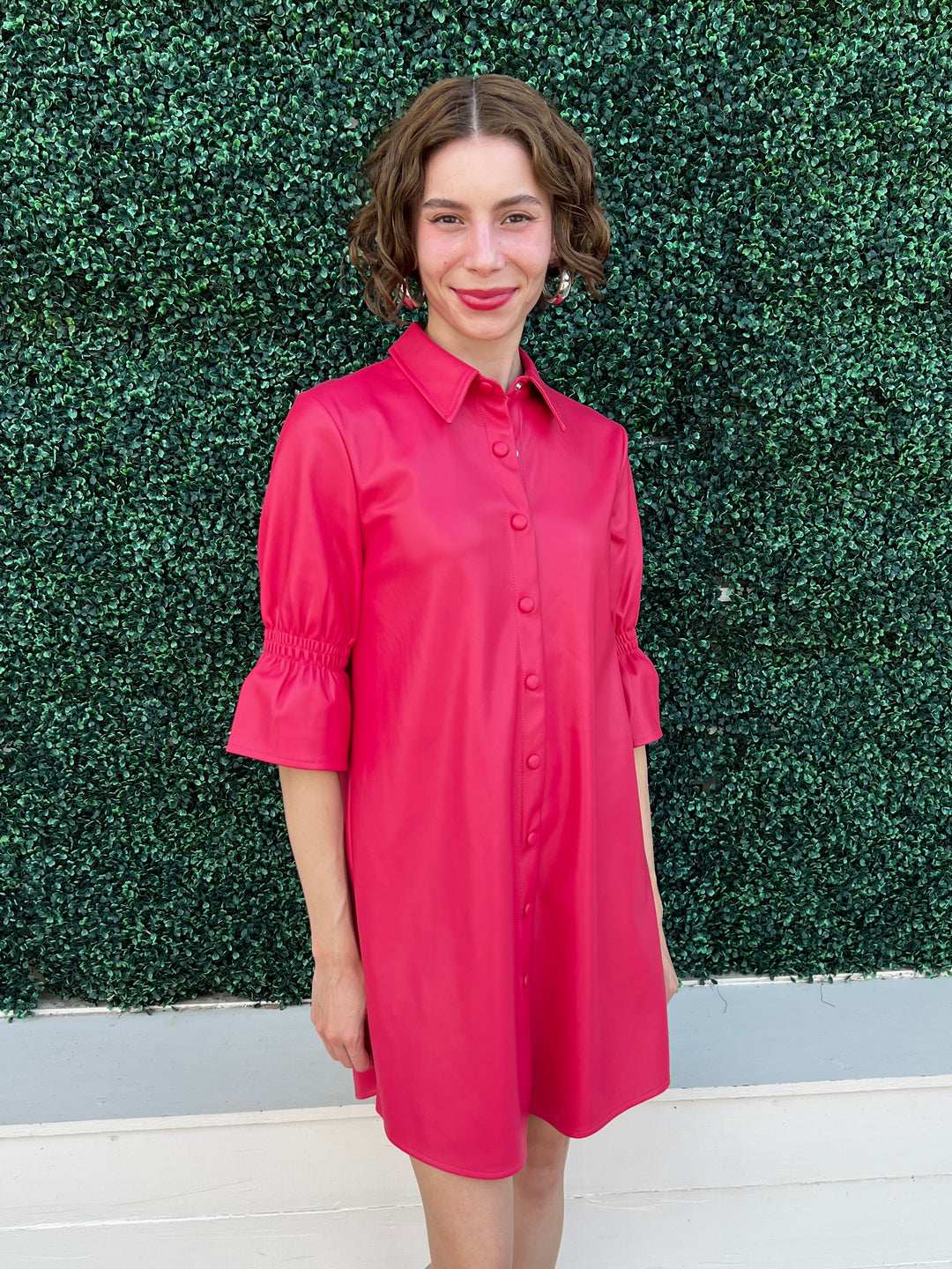 Hot Pink Faux Leather Short Ruffle Sleeve Dress Dolce Cabo Southern Style